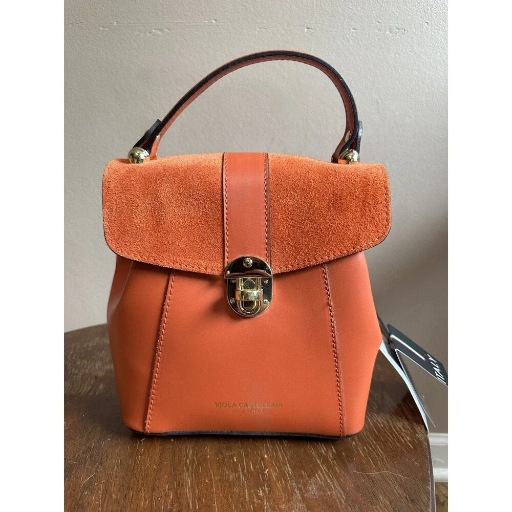 NWT Viola Castellani‎ Papaya Orange Leather Handbag Purse Backpack Convertible